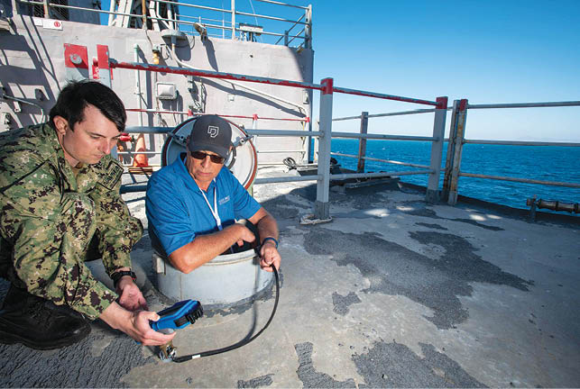 Machinist’s Mate 1st Class David Wayne (left) of the Navy’s Surge Maintenance program works with Marshall Pelot, West Coast sales manager with DIT-MCO International, to test a cable between the very-small-aperture terminal, or VSAT, satellite communication system and the radio room aboard the Self Defense Test Ship while underway off the coast of Port Hueneme, California, during the Repair Technology Exercise, or REPTX, on Aug. 29. Wayne is holding the company’s HT-128B hand-held tester. (U.S. Navy photo by Eric Parsons/Released)    Naval Sea Systems Command’s (NAVSEA) Naval Systems Engineering and Logistics Directorate Technology Office (NAVSEA 05T) is sponsoring REPTX 2022 and selected 65 technologies to participate.     Naval Surface Warfare Center, Port Hueneme Division, a field activity of NAVSEA located at Naval Base Ventura County in California, is hosting REPTX.