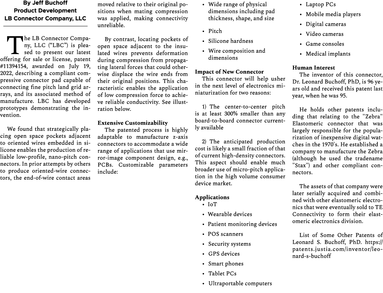 By Jeff Buchoff Product Development LB Connector Company, LLC The LB Connector Company, LLC (“LBC”) is pleased to pre...