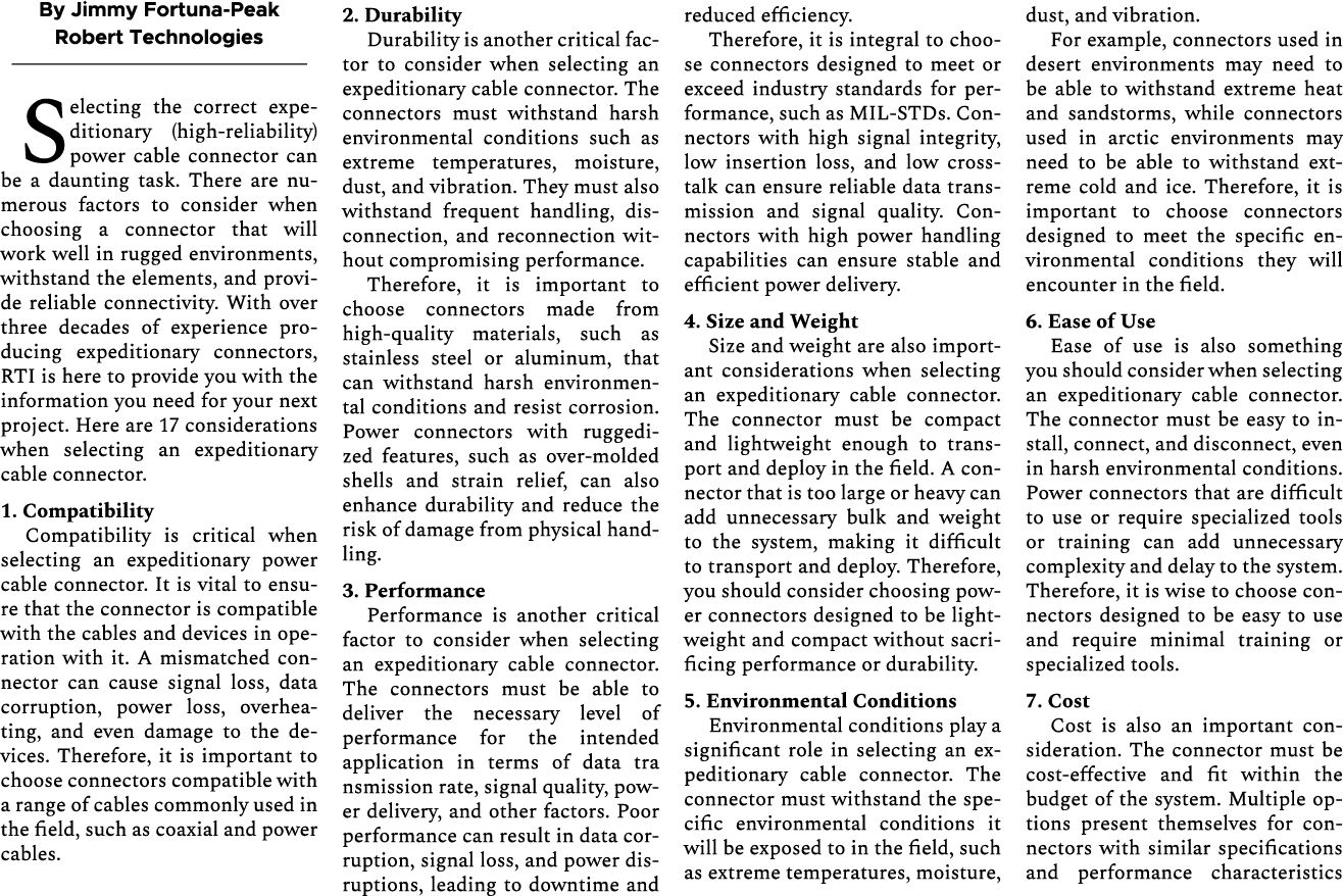 By Jimmy Fortuna Peak Robert Technologies Selecting the correct expeditionary (high reliability) power cable connecto...