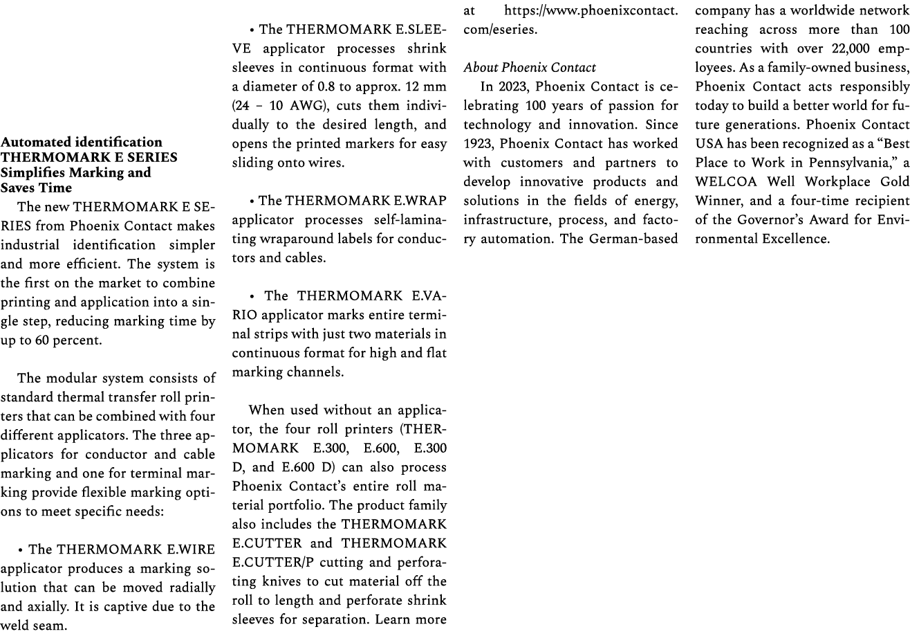 Automated identification THERMOMARK E SERIES Simplifies Marking and Saves Time The new THERMOMARK E SERIES from Phoen...