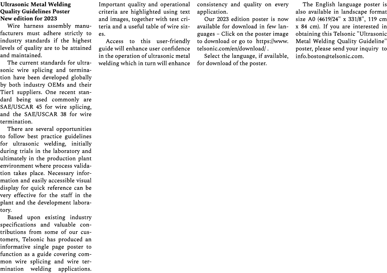 Ultrasonic Metal Welding Quality Guidelines Poster New edition for 2023 Wire harness assembly manufacturers must adhe...