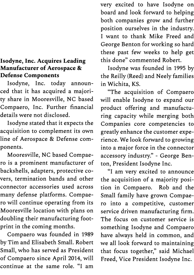 Isodyne, Inc. Acquires Leading Manufacturer of Aerospace & Defense Components Isodyne, Inc. today announced that it h...