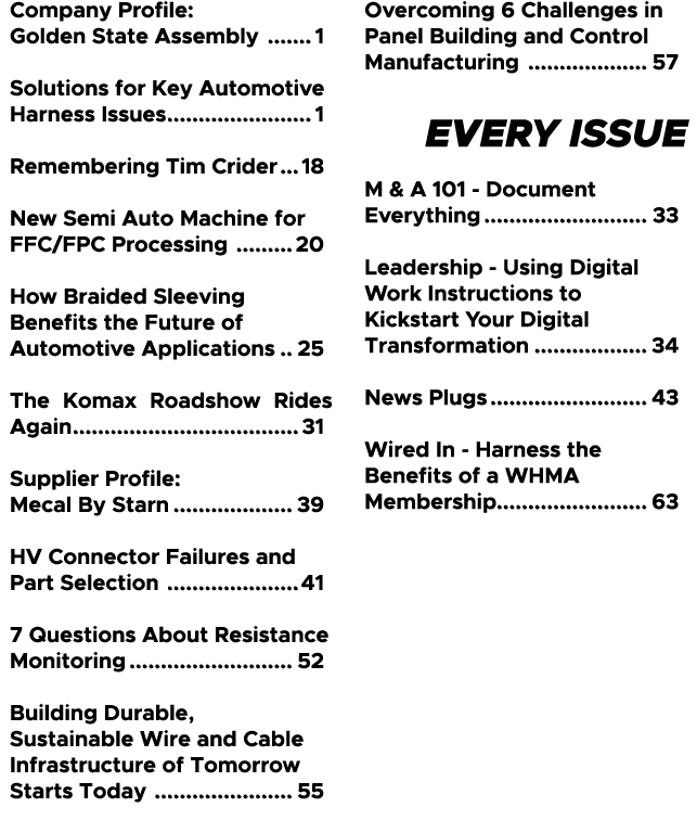 Company Profile: Golden State Assembly 1 Solutions for Key Automotive Harness Issues 1 Remembering Tim Crider 18 New ...