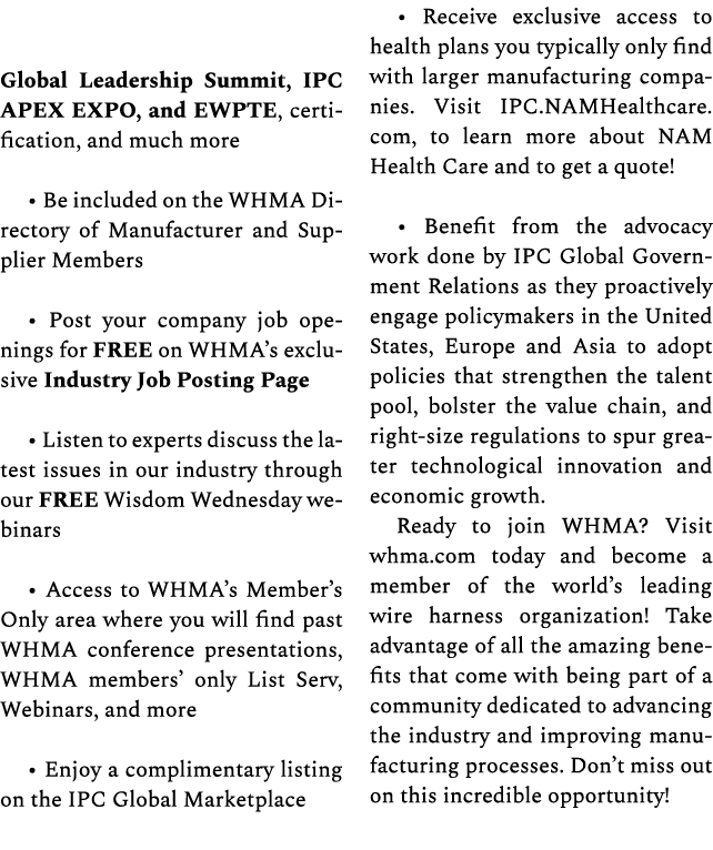 Global Leadership Summit, IPC APEX EXPO, and EWPTE, certification, and much more • Be included on the WHMA Directory ...