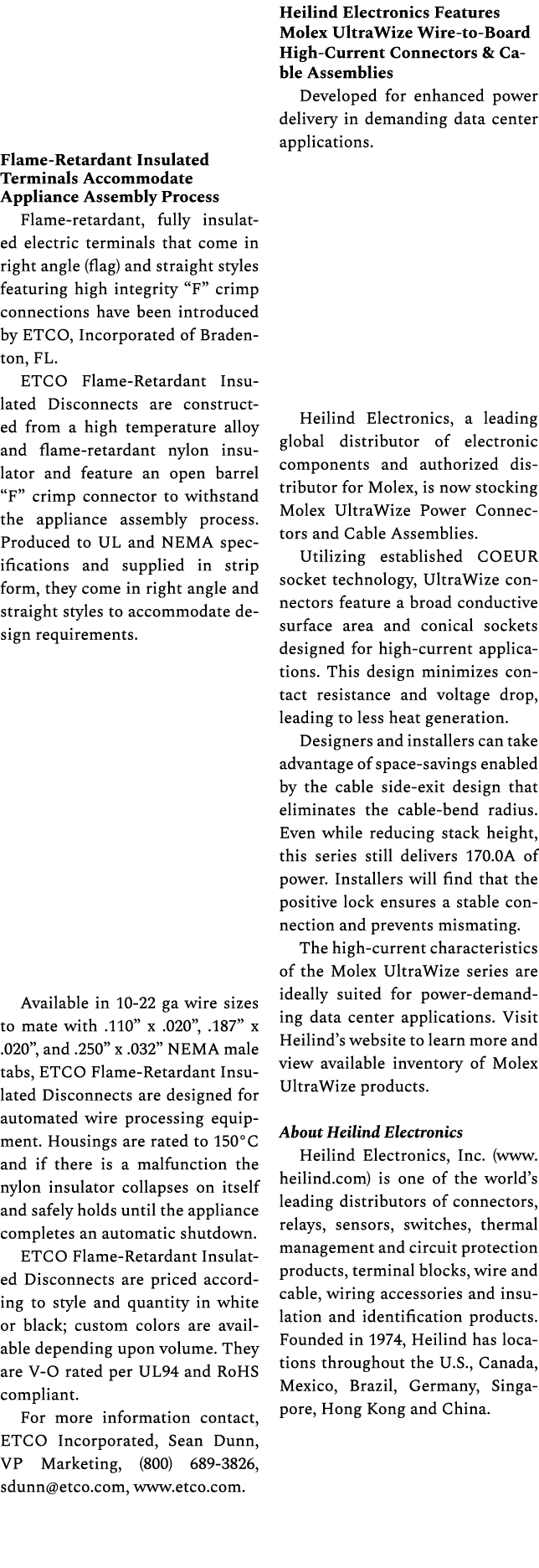 Flame Retardant Insulated Terminals Accommodate Appliance Assembly Process Flame retardant, fully insulated electric ...