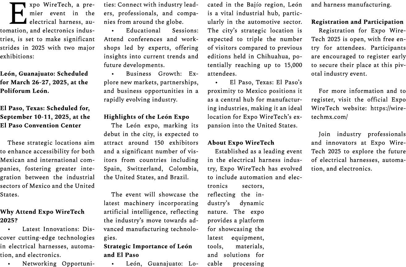 Expo WireTech, a premier event in the electrical harness, automation, and electronics industries, is set to make sign...