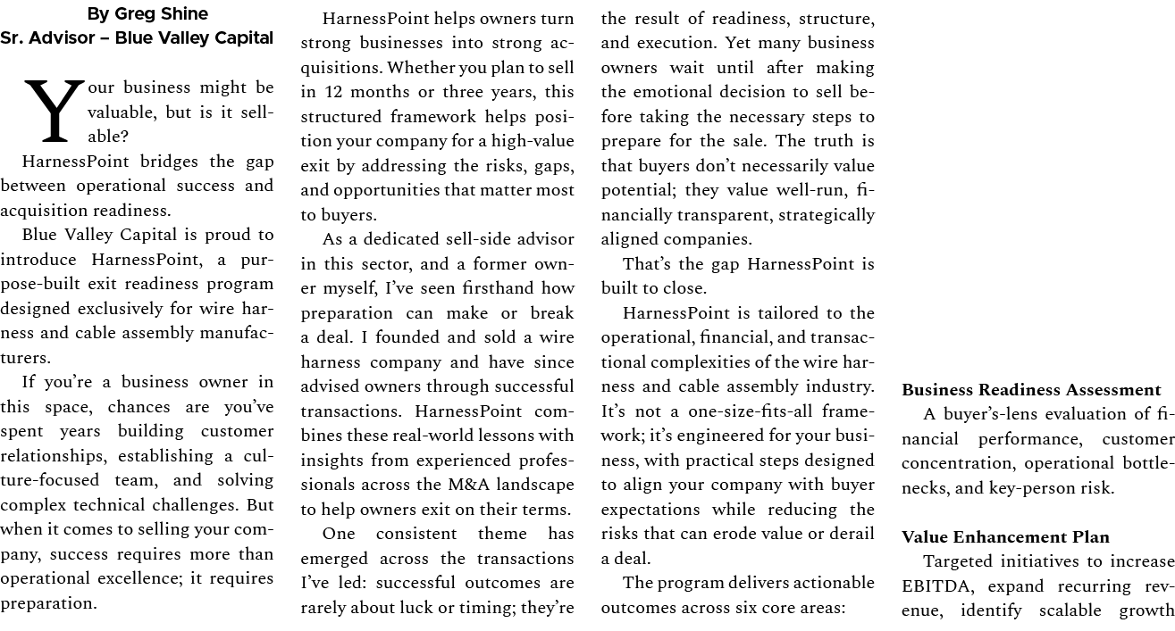 By Greg Shine Sr. Advisor – Blue Valley Capital Your business might be valuable, but is it sellable? HarnessPoint bri...