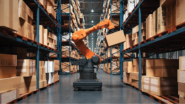 A high-tech warehouse featuring a robotic arm handling and organizing packages on industrial shelves.