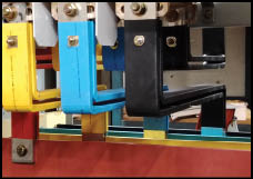 Sabah, Malaysia, June 28 2024 : Selective focus image of three phase copper busbar connection in low voltage switchboard.