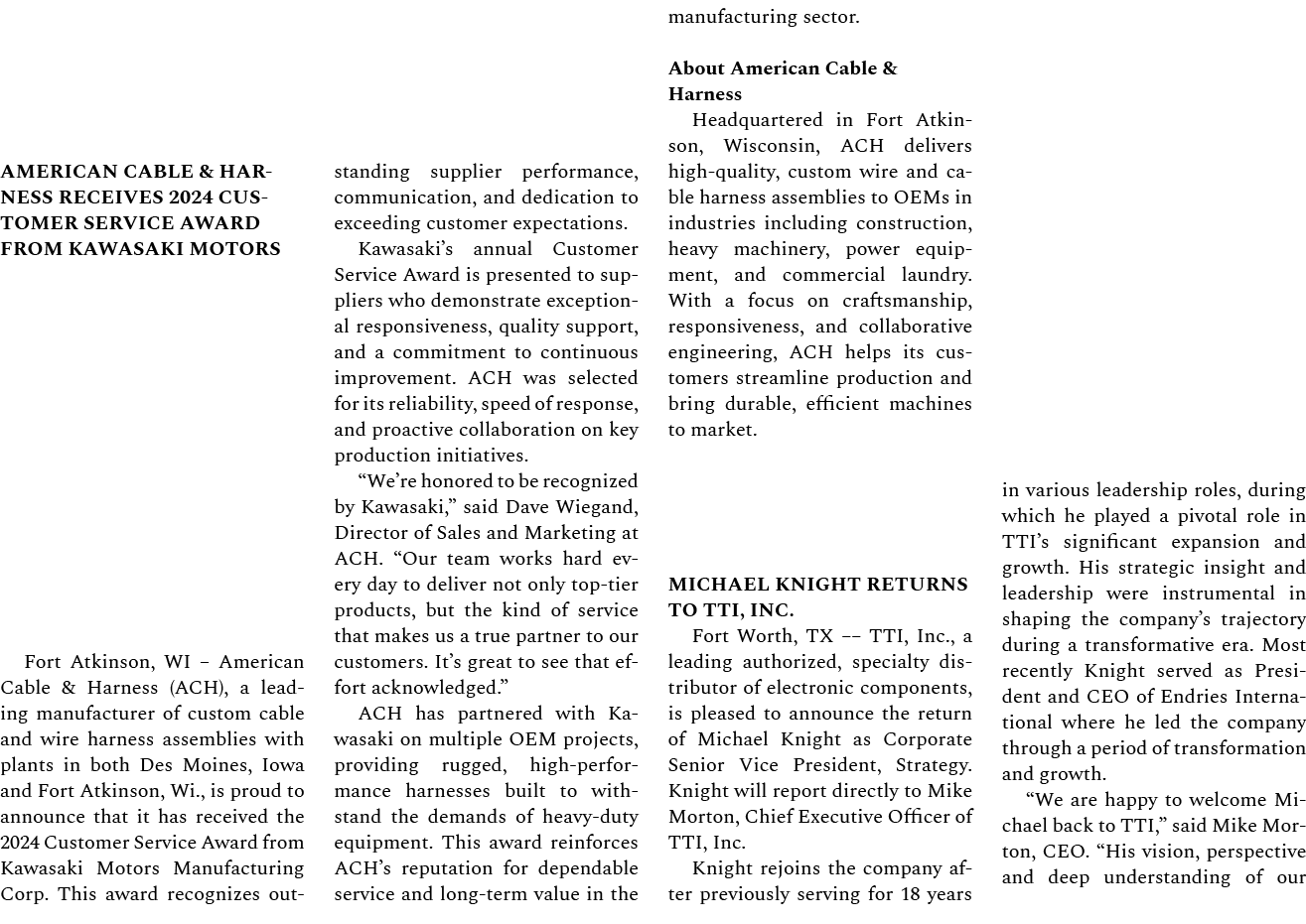 American Cable & Harness Receives 2024 Customer Service Award from Kawasaki Motors Fort Atkinson, WI – American Cable...