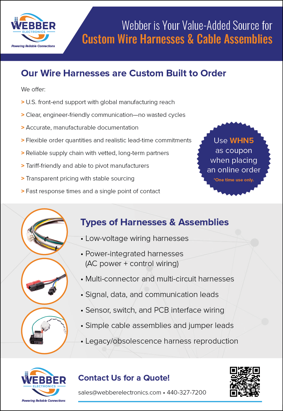 A flyer for Weber Wire Harnesses & Cable Assemblies. Description generated by AI
