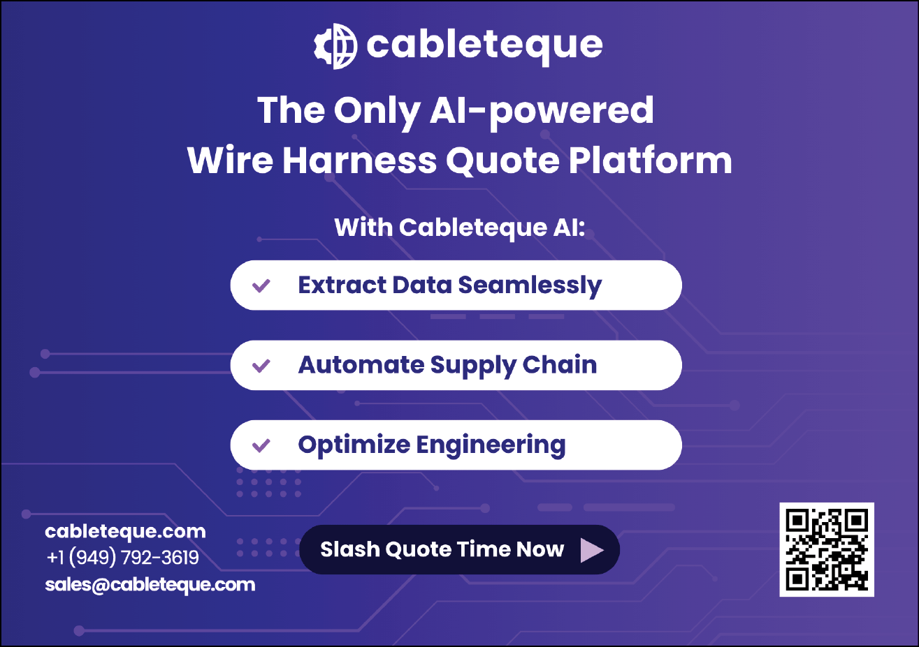 A blue and white advertisement for a wire harness quote platform. Description generated by AI
