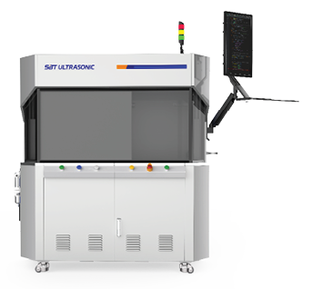 A large machine with a blue and orange screen is sitting on a white surface. AI generated content