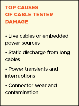 TOP CAUSES OF CABLE TESTER DAMAGE • Live cables or embedded power sources • Static discharge from long cables • Power...