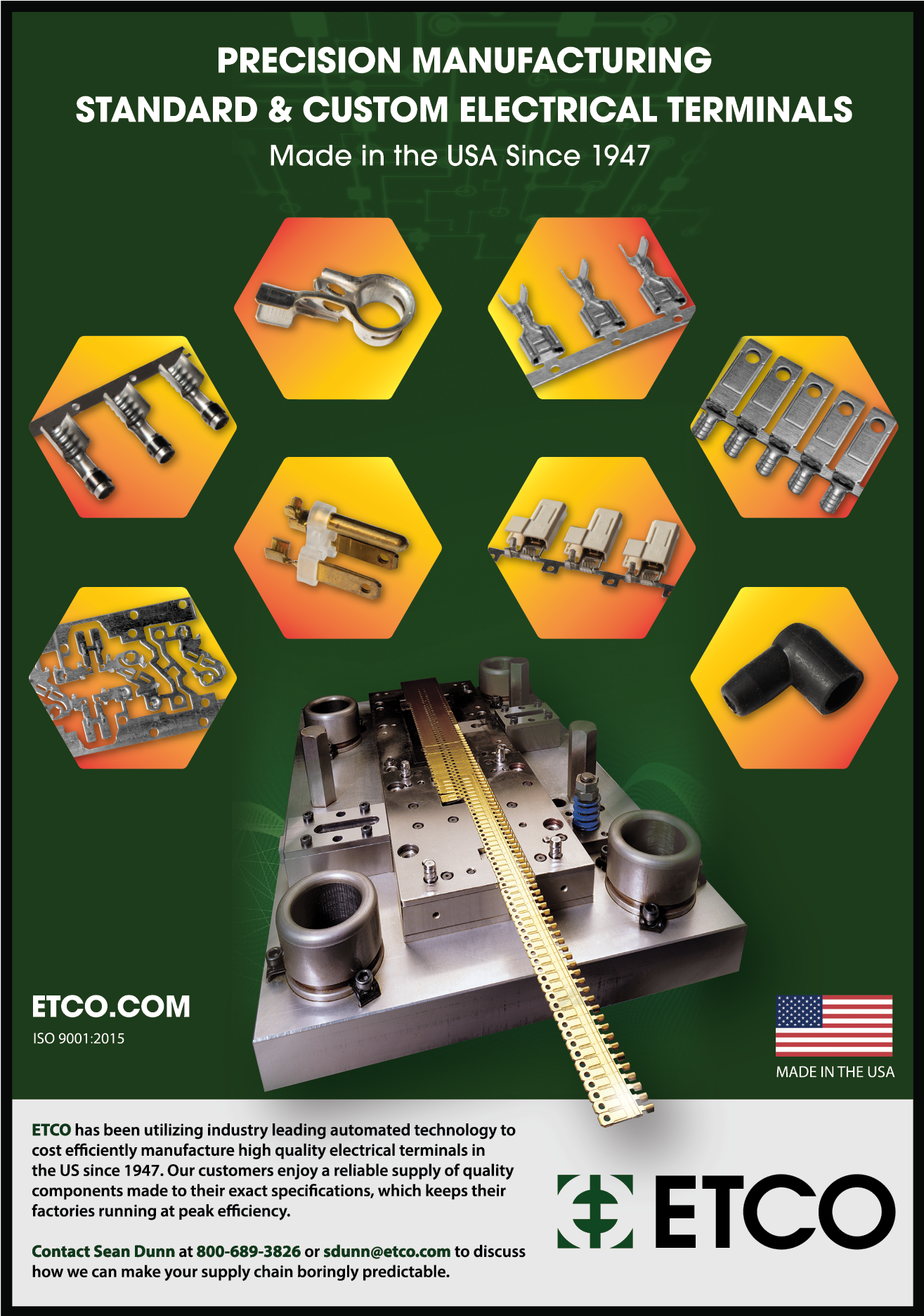 A poster advertising precision manufacturing standard and custom electrical terminals. Description generated by AI