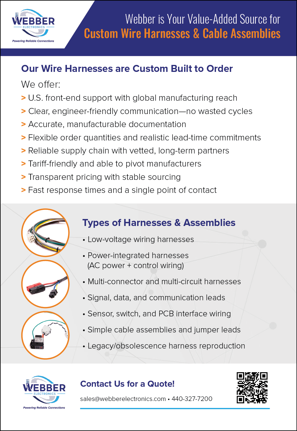 A flyer for Weber Wire Harnesses & Cable Assemblies. Description generated by AI