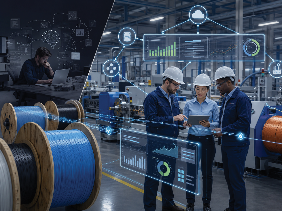 Three people in a factory setting, two men and a woman, looking at a tablet. Description generated by AI