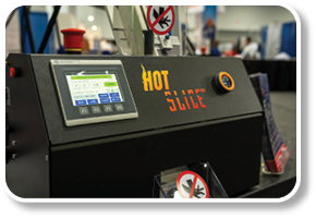 A machine with a digital display and a red and white sign that says Hot Slice. Description generated by AI