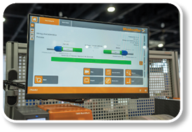 A computer screen with a blue and orange background. Description generated by AI