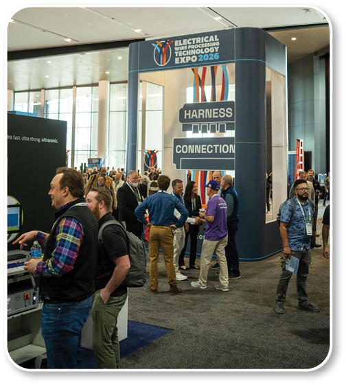 A group of people are standing in a room with a sign that says “harness connection". Description generated by AI