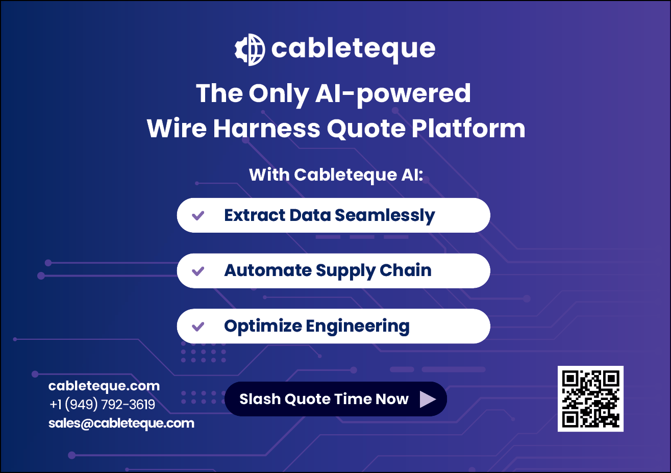 A blue and white advertisement for a wire harness quote platform. Description generated by AI