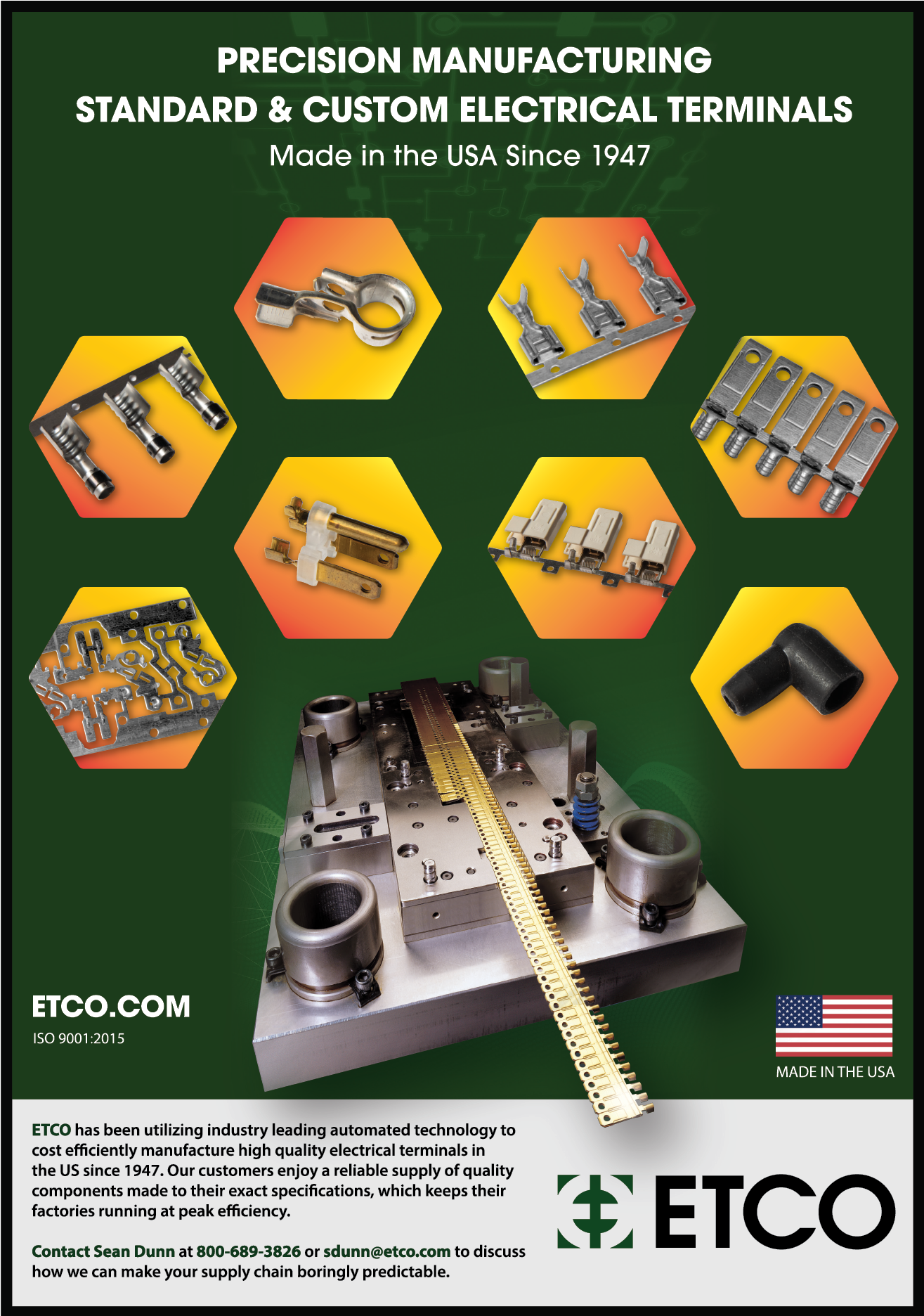 A poster advertising precision manufacturing standard and custom electrical terminals. Description generated by AI