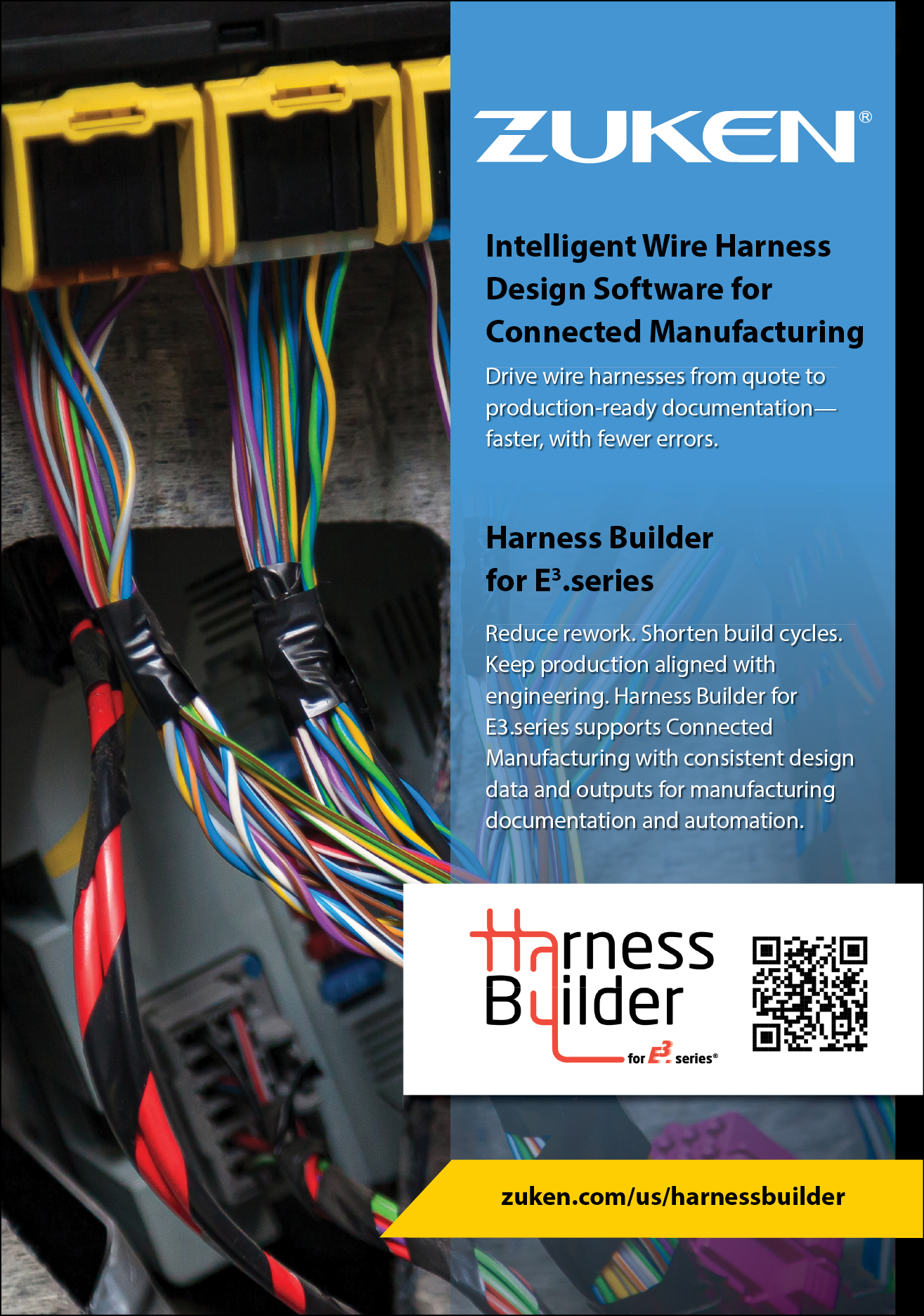 A poster advertising Zuken's intelligent wire harness design software for connected manufacturing. Description generated by AI