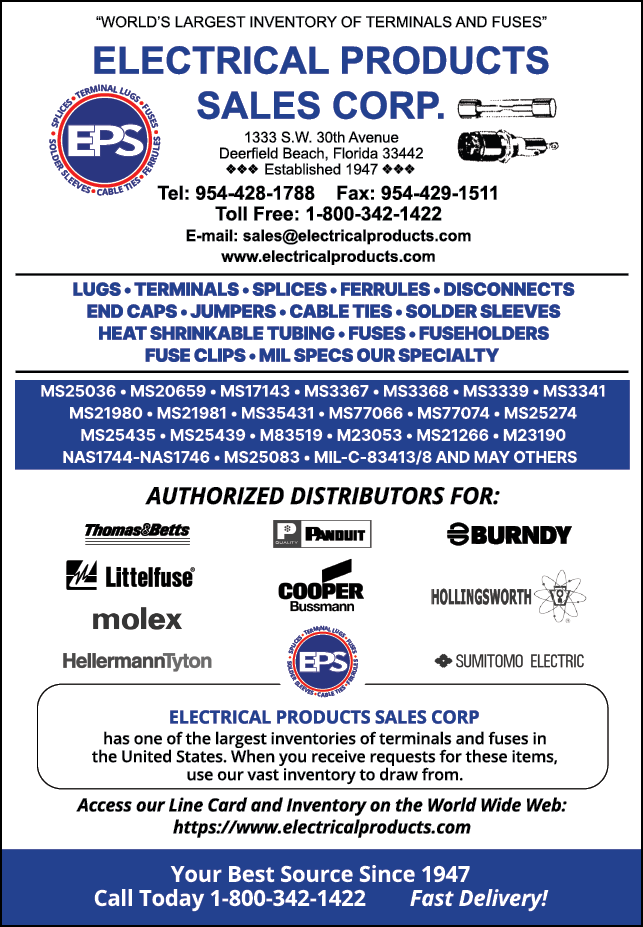 A blue and white advertisement for Electrical Products Sales Corp. Description generated by AI