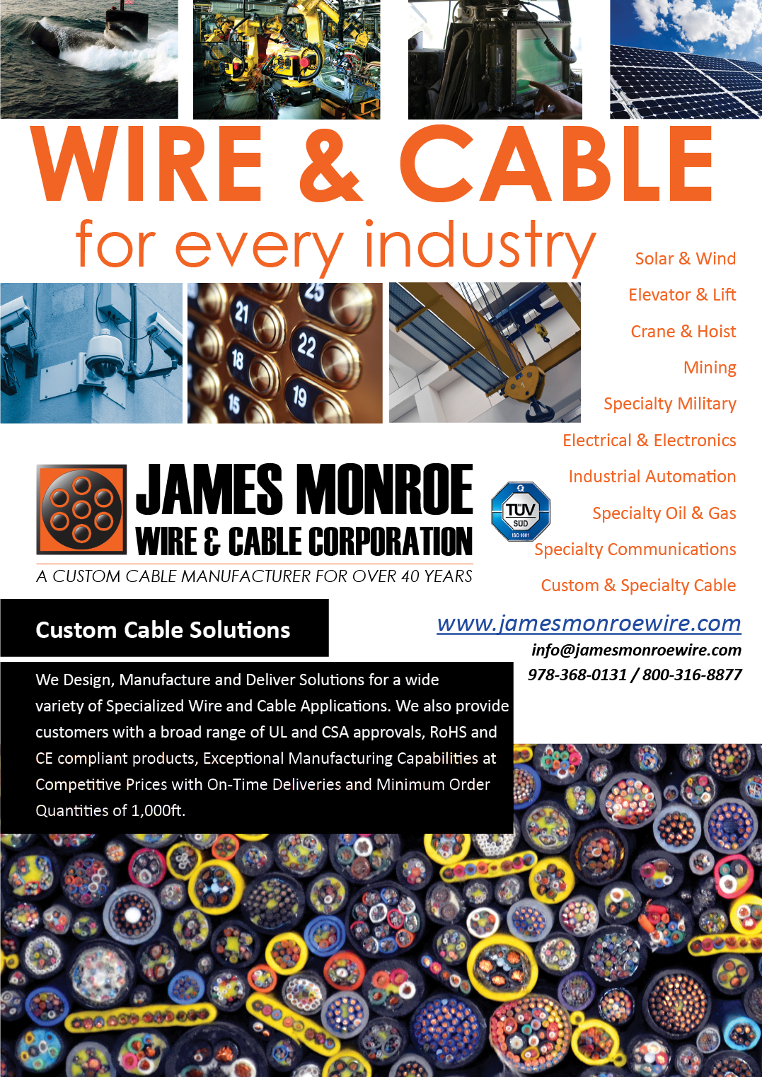 A flyer for James Monroe Wire & Cable Company. Description generated by AI