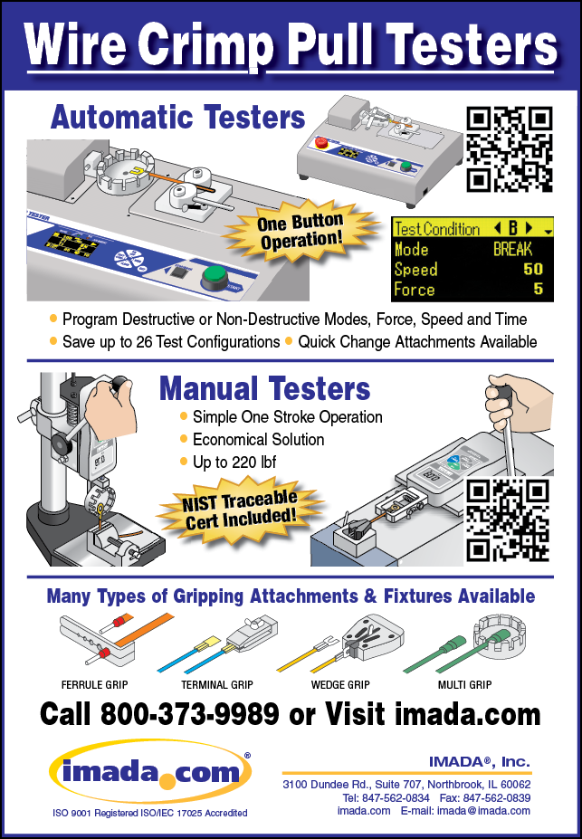 A poster advertising wire crimp pull testers. Description generated by AI