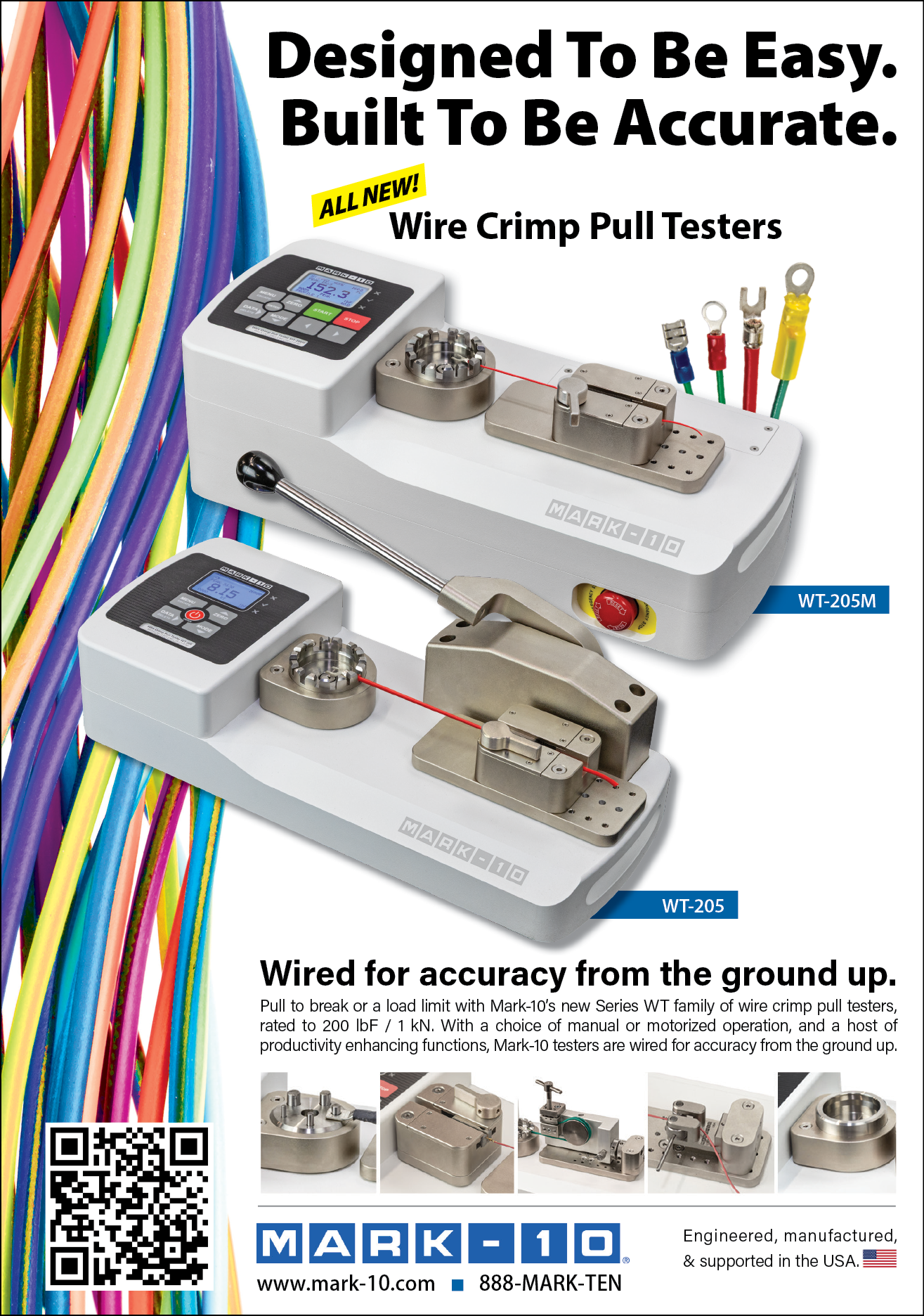 A colorful advertisement for a wire crimp pull tester. Description generated by AI